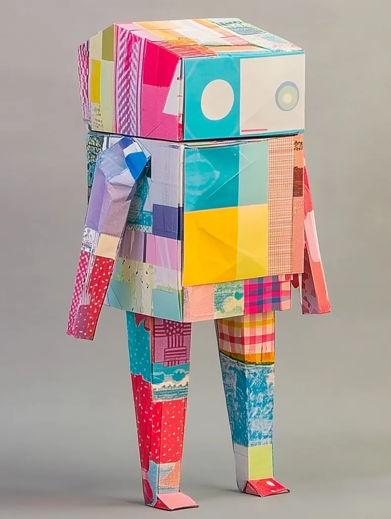 Here's a description of the image:

The image shows a colorful, handmade robot constructed from various patterned papers.  Its body is a patchwork of vibrant hues and textures, including plaids, polka dots, and abstract designs. The robot is boxy in shape with simple, slightly oversized limbs, giving it a charming, childlike quality. The face features simple, geometric shapes, enhancing the overall playful aesthetic. The robot stands on a neutral gray background, making the bright colors pop. The overall impression is one of whimsical creativity and handmade artistry.