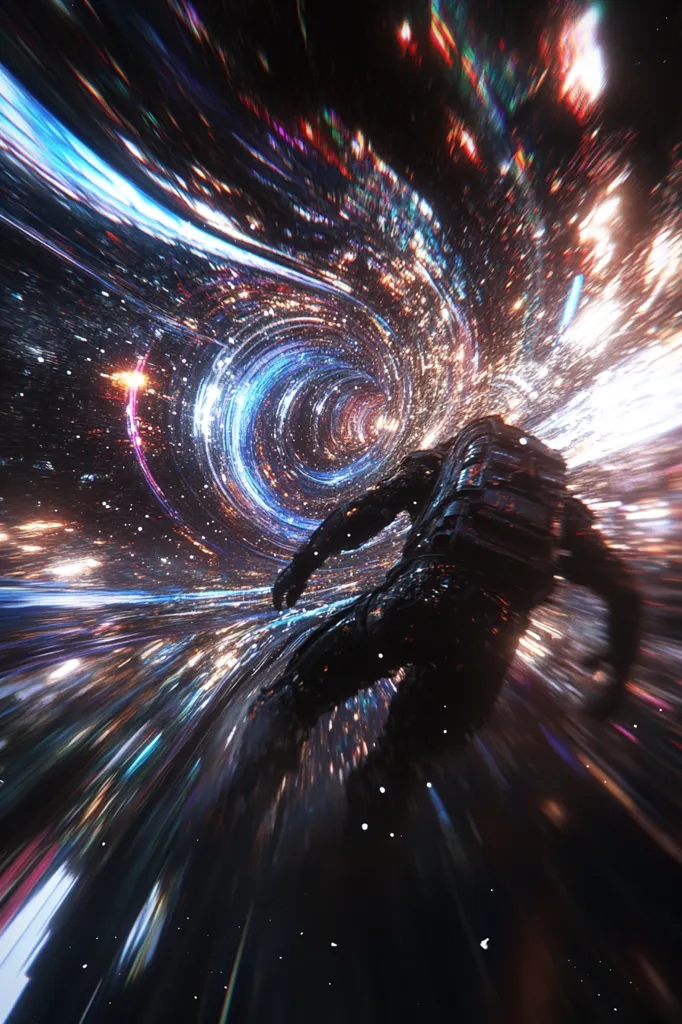 A stylized image depicts an astronaut hurtling through a swirling cosmic tunnel.  The astronaut's form is silhouetted against a vibrant, multicolored vortex of light streaks and nebulae, creating a sense of intense speed and movement. The colors range from deep blues and purples to fiery oranges and reds, suggesting the immense energy of the journey. The scene is highly dynamic, evoking a feeling of both wonder and potential danger.