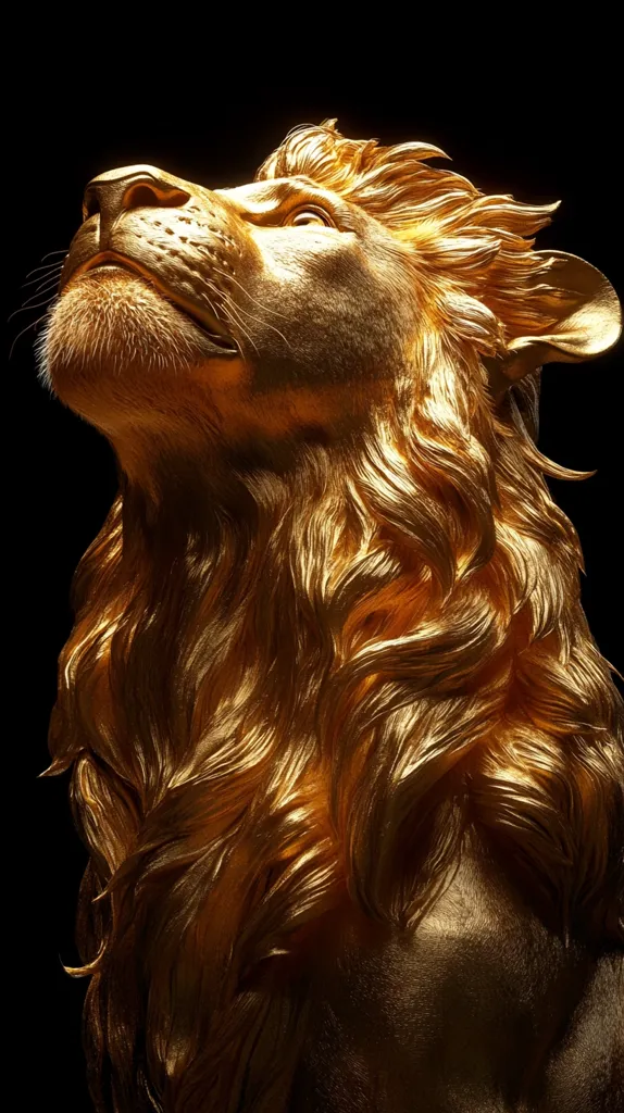 Here's a description of the image:

The image showcases a striking, golden lion sculpture, rendered in exquisite detail.  The lion's head and mane are prominently featured, its gaze directed upward. The gold is richly textured, giving the impression of meticulously sculpted fur with highlights and shadows that enhance its three-dimensionality. The backdrop is a stark black, creating a dramatic contrast that emphasizes the sculpture's brilliance and majesty.  The overall effect is one of regal power and opulent beauty.