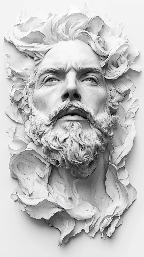 Here's a description of the image:

The image is a striking monochrome sculpture or digital rendering of a man's head and shoulders.  His face, with a full beard, is rendered with remarkable detail, showing intense expression and a sense of calm amidst the turbulent, windswept appearance of his hair. The hair and surrounding material resemble flowing fabric or clouds, creating a dynamic contrast to the stillness of the facial features.  The overall effect is both classical and modern, suggesting strength, serenity, and the power of nature.