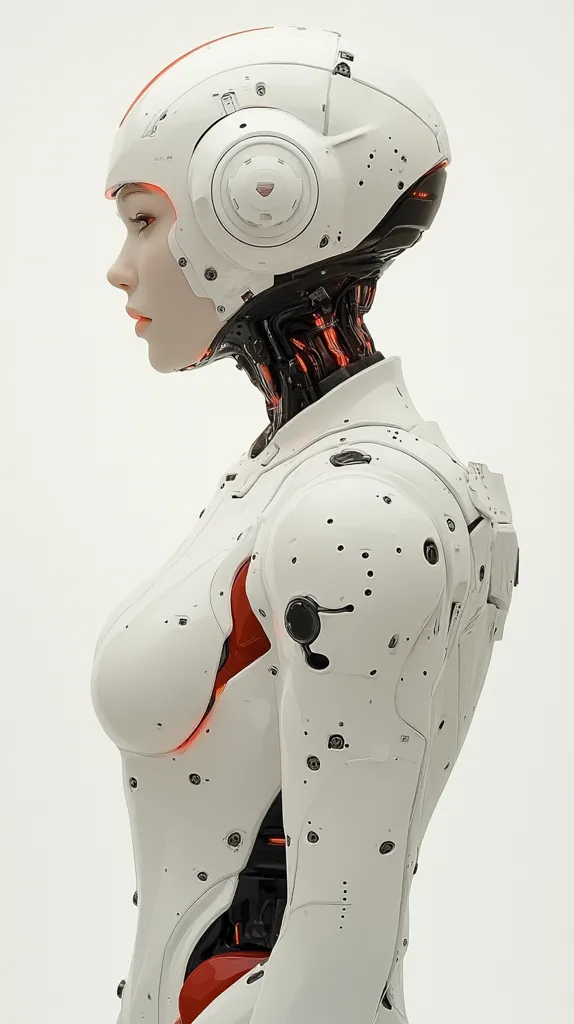 The image shows a profile view of a female android.  Her body is primarily white with red accents, revealing a sleek, futuristic design.  The android wears a helmet with a circular component on the side, and internal wiring is visible at the neck.  The overall aesthetic is clean and minimalist, suggesting advanced technology and a possible science fiction setting. The robot's expressionless face has a slightly feminine appearance, creating a contrast between the human-like features and the robotic body.