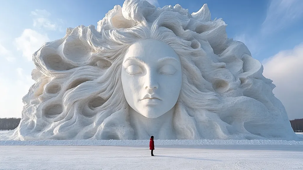 A colossal snow sculpture of a woman's face dominates the scene.  Her serene face is framed by flowing, windswept hair carved from the snow, creating a dramatic, almost surreal effect. The scale is immense; a small figure in a red coat stands before it, emphasizing the sculpture's size and artistry. The background features a clear blue sky and a sparse, snow-covered landscape. The overall impression is one of awe-inspiring beauty and skillful craftsmanship.
