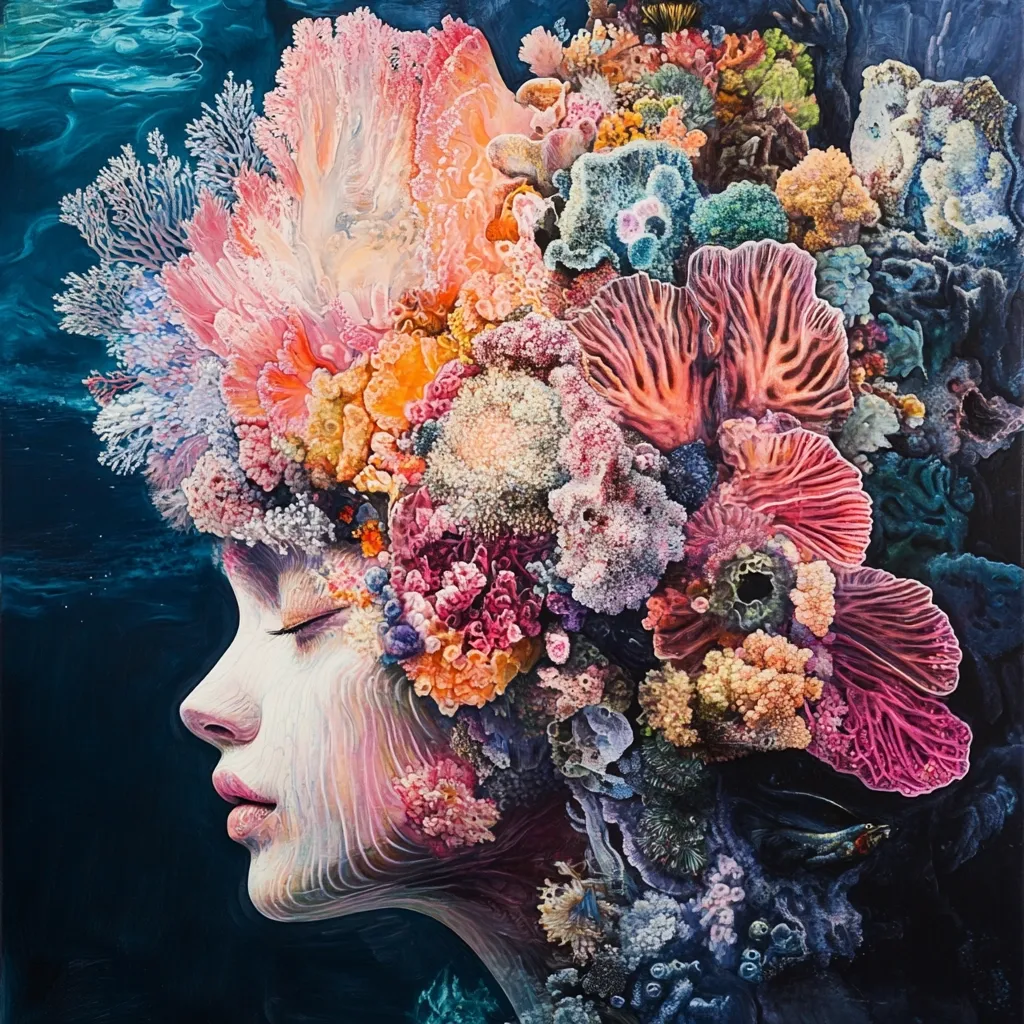 Here's a description of the image:

The artwork depicts a serene female face, seemingly submerged underwater, adorned with a vibrant and luxuriant coral reef that envelops her head and shoulders like a crown. The coral is a breathtaking array of colors, textures, and shapes, showcasing pinks, oranges, purples, and blues. The woman's face is rendered in a softer, almost ethereal style, contrasting the intricate detail of the coral. The background is a deep, dark blue, suggesting the ocean depths.  A small fish is subtly visible within the coral structure. The overall effect is one of surreal beauty and the harmonious blending of nature and human form.