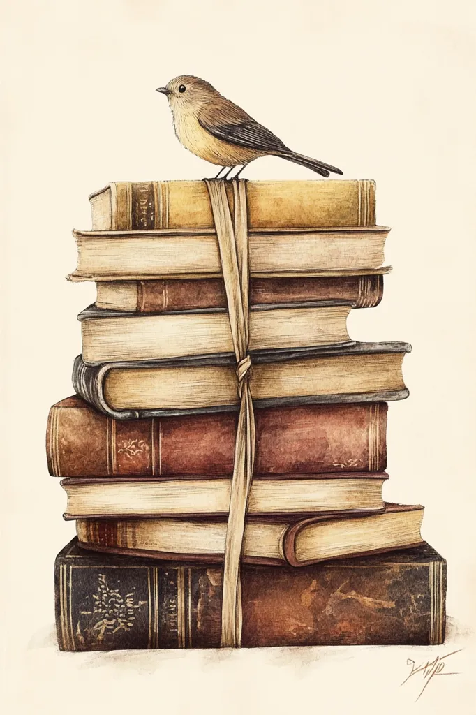 A watercolor illustration depicts a stack of antique books bound together with a tan ribbon.  A small, brown bird perches atop the highest book. The books are various shades of brown and beige, suggesting age and wear. The overall style is delicate and evokes a sense of quiet contemplation and the love of reading. The background is a simple off-white, allowing the books and bird to be the focus.