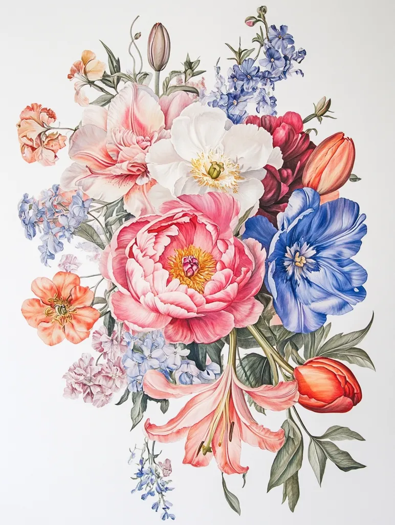 This watercolor painting depicts a lush, vibrant bouquet of flowers.  A prominent pink peony takes center stage, surrounded by delicate pink and white tulips, a creamy white poppy, and rich blue cornflowers.  Coral-toned flowers and lilies add warmth, complemented by sprigs of pale purple and blue forget-me-nots.  The overall composition is dense and overflowing, creating a feeling of abundance and beauty. The painting is rendered with meticulous detail, showcasing the texture and subtle color variations of each petal.