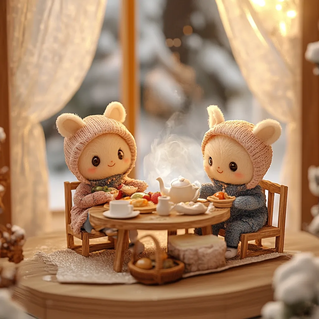 Two adorable bunny-like figurines, wearing knitted hats and sweaters, sit at a miniature wooden table.  They are enjoying a cozy tea party, complete with a teapot, small plates of food, and a basket of bread.  The scene is set in a warm, inviting room with a snowy landscape visible through a window. Soft lighting and a gentle steam rising from the teapot add to the whimsical, heartwarming atmosphere.