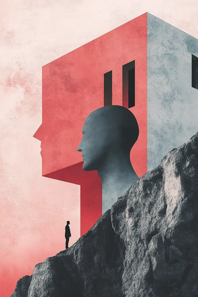 The surreal artwork depicts a large, angular structure resembling a building, partially formed by two facing heads. One head is sculpted in grey, while the other is implied by the red architecture. A lone, small figure stands on a rocky outcrop, observing this colossal structure against a pale, pinkish sky. The contrast in scale and the abstract nature of the building suggest themes of identity, perception, or the individual confronting overwhelming forces. The textured surfaces and muted colors contribute to the image's dreamlike atmosphere.