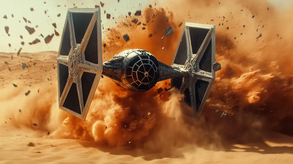 A First Order TIE fighter crashes into a desert landscape, kicking up a massive cloud of reddish-brown dust and sand.  The impact is forceful, sending debris flying in all directions. The fighter's sleek, angular design is partially obscured by the swirling dust cloud, highlighting the intensity of the crash. The overall scene is dynamic and action-packed, evoking a sense of speed and destruction.