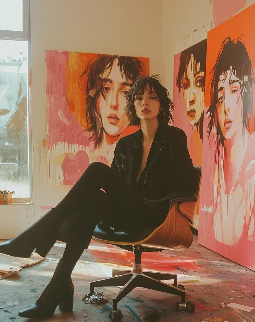 A young woman with short, dark hair sits in a mid-century modern chair in an art studio.  She's dressed in black and her pose is relaxed but composed.  Behind her are several large, vibrant canvases depicting stylized female portraits in warm, orange and pink hues.  The studio has a sunlit window and a slightly messy floor, suggesting a creative and lived-in space. The overall aesthetic is artistic and moody.