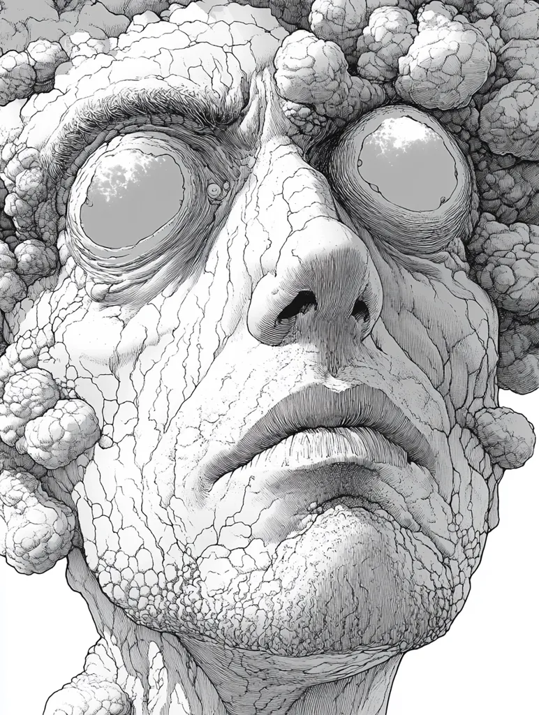 Here's a description of the image:

The illustration is a detailed close-up of a face, rendered in stark black and white.  The skin is heavily textured, appearing cracked and aged, almost resembling stone or bark.  Large, bulbous growths protrude from the head and around the eyes, which are wide and seem to reflect a distant, cloudy sky. The mouth is slightly open, conveying a sense of wonder or perhaps suffering. The overall style is highly realistic, yet unsettling and surreal, due to the grotesque yet strangely beautiful textural details. The image evokes a feeling of otherworldliness and decay.