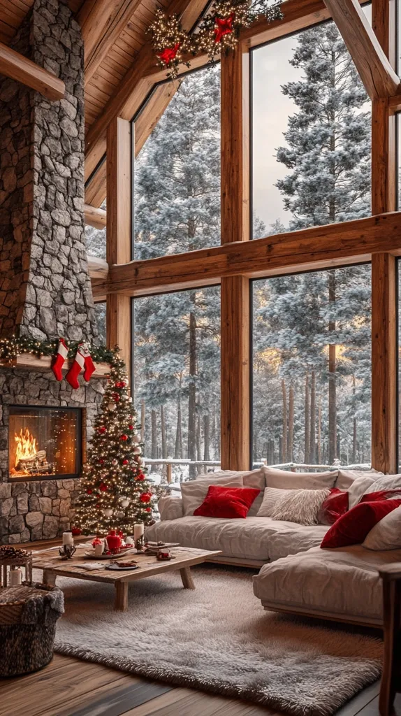 A cozy cabin interior is depicted, featuring a large stone fireplace with Christmas stockings and a decorated tree.  Floor-to-ceiling windows showcase a snowy winter forest.  A plush, off-white sectional sofa with red throw pillows sits before a rustic wooden coffee table. A fluffy rug anchors the seating area, adding to the warm, festive atmosphere.  The overall aesthetic is rustic-chic, ideal for a peaceful winter holiday setting.