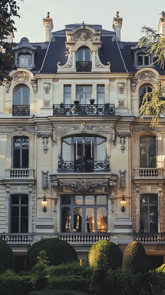Here's a description of the image:

The photograph showcases a grand, multi-story building, likely in a European style. Its façade is adorned with intricate architectural details, including ornate balconies, window frames, and sculpted embellishments.  The building is primarily light beige or tan, contrasted by dark gray roofing.  Large windows, some with French doors opening onto balconies, are prominent features.  Well-maintained hedges are planted at the base of the building, adding to its stately appearance. The lighting suggests either dawn or dusk, casting a warm glow on the scene. The overall impression is one of elegance and timeless beauty.