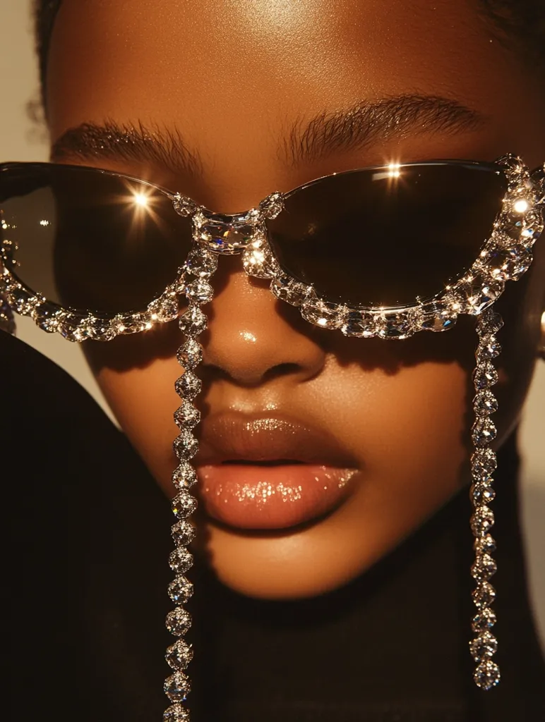 Close-up of a person of color's face, partially obscured by a pair of extravagant sunglasses. The sunglasses are dark-lensed with a thick, rhinestone-encrusted frame.  Long, dangling rhinestone chains extend from the frames, framing the model's lips. The lighting is warm and highlights the model's rich skin tone and the sparkle of the rhinestones. The overall aesthetic is luxurious and glamorous.