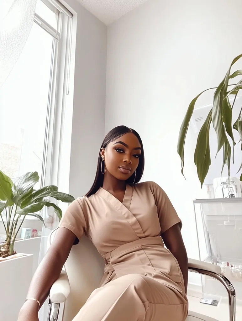 A young Black woman with long, dark hair sits in a modern, minimalist chair.  She's wearing a light beige, short-sleeved jumpsuit, and large hoop earrings. Her makeup is subtly done, enhancing her features.  The setting is bright and airy, with a large window and a plant visible in the background. The overall impression is one of sophistication and calm.