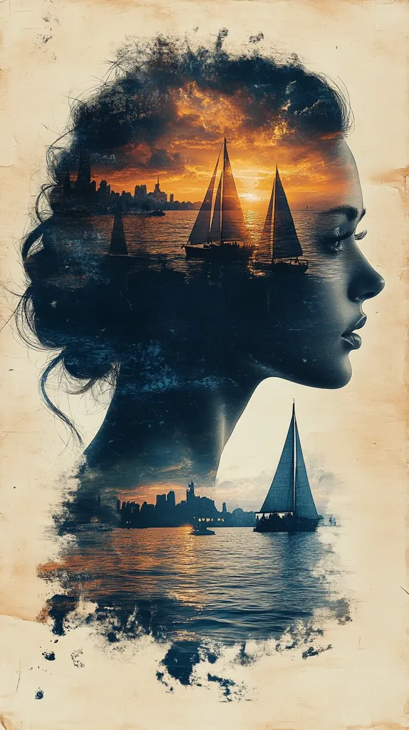 A double exposure image depicts a woman's profile superimposed over a cityscape and sailboat scene at sunset.  Her dark hair blends with the moody sky, while the city skyline and sailboats form a captivating backdrop within her silhouette.  The artistic style employs a faded, vintage aesthetic, creating a dreamlike and evocative atmosphere.  The overall impression is one of freedom, introspection, and the fusion of urban and natural elements.