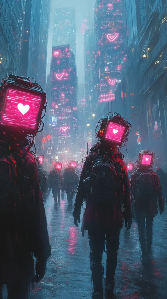 A digital painting depicts a cyberpunk cityscape at night, rain reflecting neon lights.  Numerous figures, resembling robots or androids, walk down a wet street.  Each figure has a screen-like headpiece displaying a pink heart symbol, creating a striking contrast between the cold, futuristic setting and the warm, emotive iconography. The overall mood is a blend of technological advancement and underlying emotional themes. The image is stylized, with a focus on atmospheric lighting and detail in the architecture and figures.