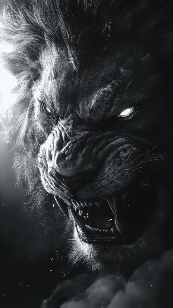 Here's a description of the image:

The image is a dramatic black and white close-up of a lion's face. The lion's mane is thick and dark, framing a face contorted in a ferocious snarl. Its teeth are bared, revealing sharp canines, and its eyes are intense, almost glowing. The background is dark and smoky, adding to the overall menacing atmosphere. The image's high contrast and detailed texture create a powerful and visually arresting piece. The style suggests a digitally enhanced or manipulated photograph or painting, emphasizing the lion's raw power and primal nature.