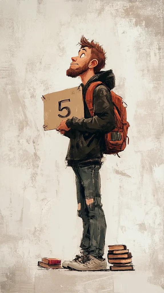 Here's a description of the image:

The illustration depicts a young man with a beard and backpack, standing with a cardboard sign reading "5." He gazes upward, seemingly contemplative. His attire consists of a dark jacket, distressed jeans, and sneakers.  At his feet are two small stacks of books, suggesting a journey or a student's life. The style is painterly and slightly textured, with a muted color palette creating a somewhat melancholic yet hopeful mood. The background is a light beige, textured like a canvas.
