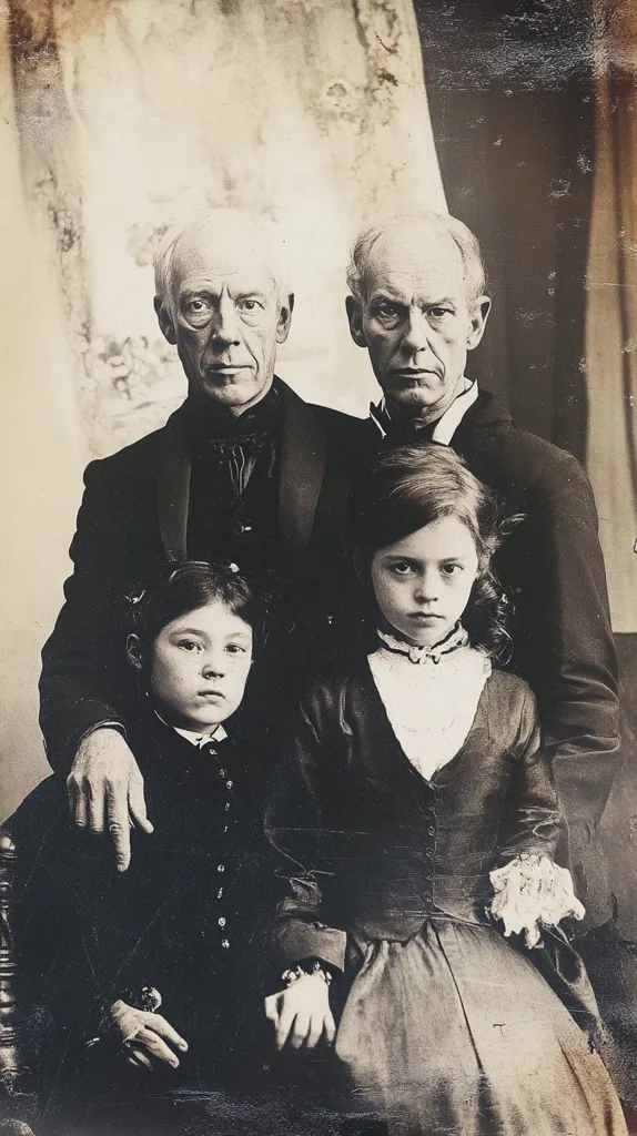 Here's a description of the image:

A sepia-toned antique photograph shows a family portrait. Two older men with stern expressions are seated, one behind the other.  The man in the front is slightly bald, and both wear dark suits. Between them sits a young girl in a dark dress with lace at the cuffs, her expression serious. A younger girl sits on the lap of the man in the foreground, also wearing a dark dress.  The background is a blurred, light-colored curtain or backdrop. The photo's quality suggests it's quite old, possibly from the late 19th or early 20th century. The overall mood is somber and formal.