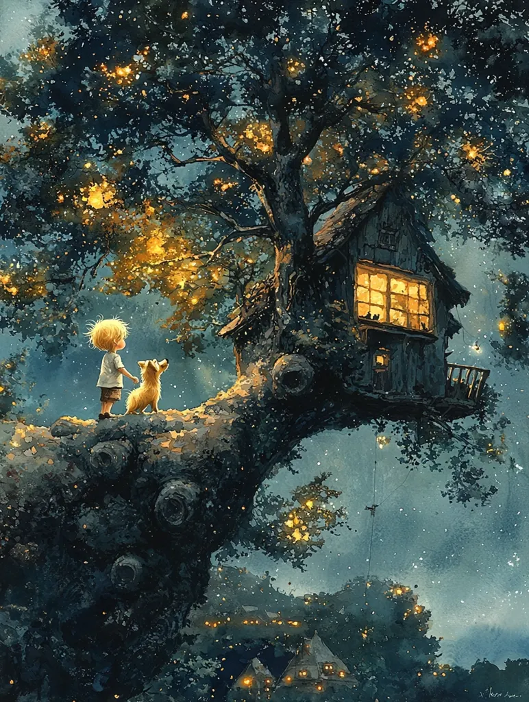 A whimsical watercolor painting depicts a young boy and his dog standing on a large tree branch, gazing up at a treehouse nestled high in the branches.  The tree is adorned with glowing lights, resembling fireflies or fairy lights, creating a magical, nighttime atmosphere.  Below, a village of tiny houses also glows with similar lights, adding to the enchanting scene. The overall style is dreamlike and evokes a sense of wonder and childhood innocence.