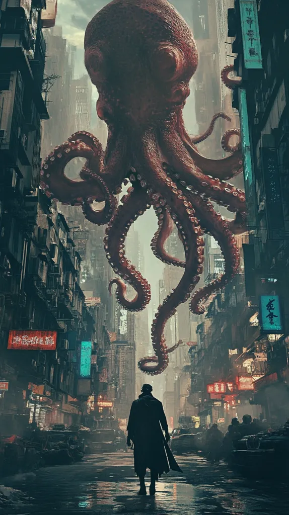A colossal, reddish-brown octopus looms over a rain-slicked, cyberpunk-style city street.  Its tentacles drape between towering buildings, casting a foreboding shadow.  A lone figure in a long dark coat walks away from the creature, towards the viewer, their back turned, creating a sense of impending doom or confrontation.  Neon signs in Asian script illuminate the damp, crowded street, emphasizing the contrast between the urban decay and the monstrous, otherworldly presence above.  The overall atmosphere is dark, mysterious, and suspenseful.