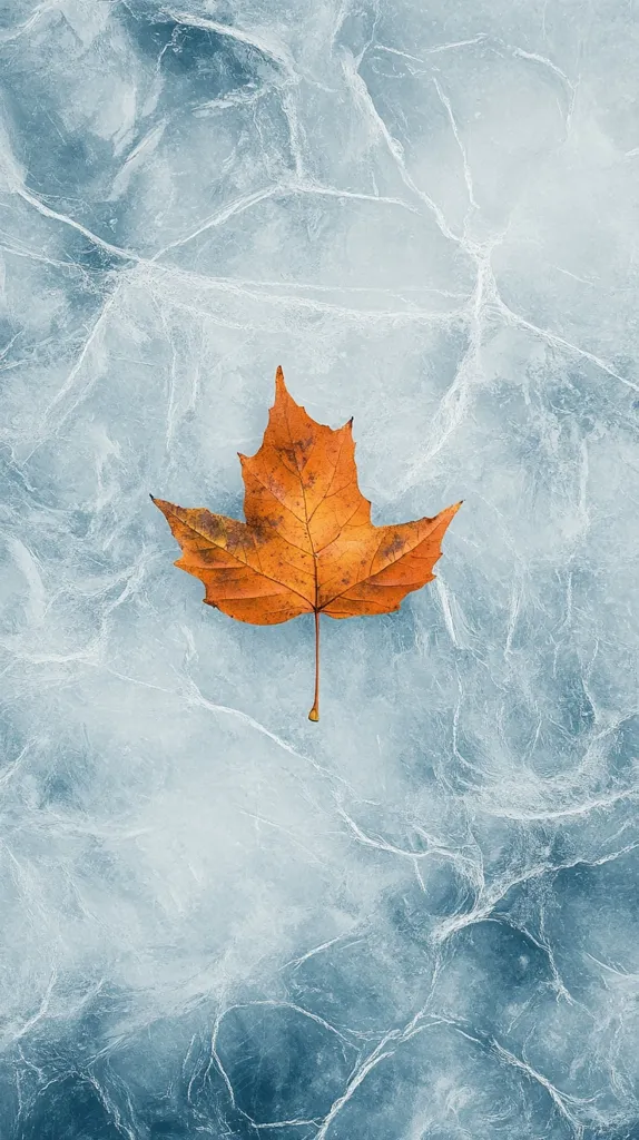 A single, dried orange maple leaf rests on a sheet of ice. The ice displays a network of delicate, crackled lines, creating a textured, cool blue background. The leaf's vibrant color contrasts sharply with the icy surface, suggesting a transition between seasons – autumn's end and winter's arrival. The image evokes a sense of quiet solitude and the beauty found in nature's subtle contrasts.