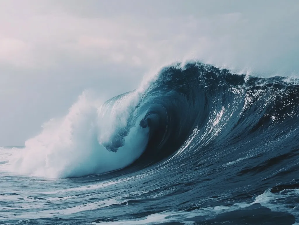 Here's a description of the image:

The photograph captures a majestic, powerful ocean wave in a dramatic close-up.  The wave is immense, its deep teal-blue body curling dramatically, revealing a frothy white crest.  The water's surface is textured, showing the wave's immense force and energy.  The background is a pale, slightly hazy sky, emphasizing the wave's scale and the raw power of nature.  The overall mood is one of awe-inspiring beauty and untamed power.
