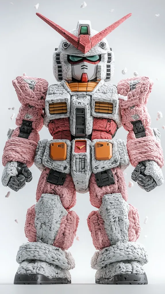 This image shows a meticulously crafted model of a Gundam robot, seemingly made from a textured, brain-like material in shades of pink and white.  The robot's details are clearly visible despite the unusual texture, which gives it a unique, almost organic appearance.  Small, white fragments surround the model, adding to the surreal, artistic effect. The background is a simple, light gray, ensuring the focus remains on the intricately detailed robot.