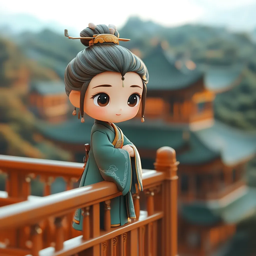 Here's a description of the image:

The image is a digital rendering of a cute, stylized figurine of a young woman, possibly inspired by East Asian aesthetics.  She's dressed in a teal, intricately designed robe and has her dark hair styled in an elegant updo adorned with gold accents.  Her large, expressive eyes and small features give her a charming, almost doll-like appearance. She's leaning against a wooden railing, with a blurred background suggesting a tranquil, possibly mountainous setting with traditional-style buildings visible in the soft, warm light. The overall style is whimsical and peaceful.