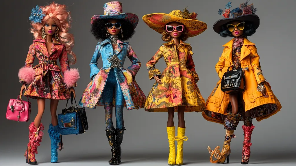 Four fashion dolls, each with distinct styles, are arranged against a neutral gray backdrop.  They boast vibrant, patterned coats and hats, complemented by unique accessories such as purses and boots.  The dolls' hairstyles and makeup are equally diverse, highlighting a range of contemporary fashion trends. The overall image presents a striking display of high fashion doll artistry.