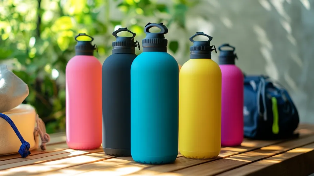 Five vibrant water bottles in pink, black, teal, yellow, and magenta stand on a wooden surface.  They have matching black caps and a sleek, cylindrical design.  The bottles are positioned in a slightly staggered row, with a blurred background of lush greenery and a partially visible dark-colored backpack.  Sunlight casts shadows, highlighting the bottles' colors and the wood grain.  The overall scene suggests an outdoor setting, perhaps a park or patio.