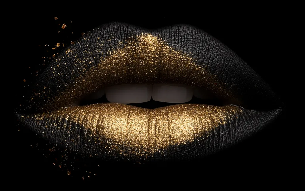 Close-up of a pair of lips dramatically painted.  The lower lip is predominantly coated in a shimmering gold glitter, while the upper lip is a matte black, with gold glitter accents blending and slightly spilling onto the lower lip.  The contrast between the black and gold creates a striking effect against the black background.  Small particles of glitter appear to be scattered around the lips, adding to the overall dramatic and luxurious aesthetic.