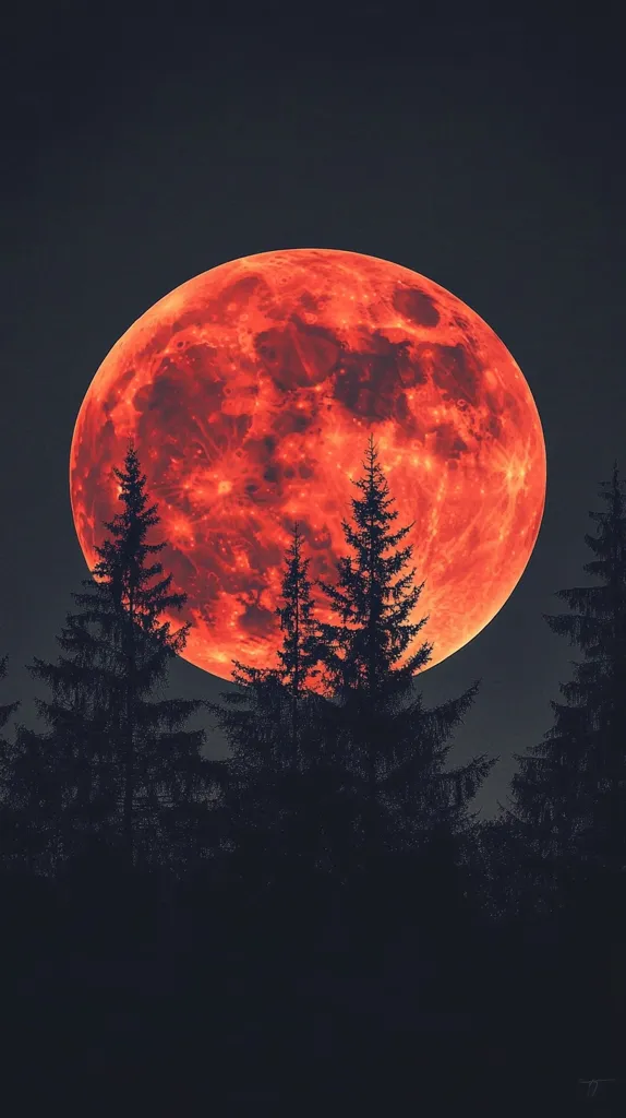 Here's a description of the image:

A dramatically large, fiery orange moon dominates the night sky, its surface textured and glowing intensely.  Silhouetted against this celestial spectacle are several evergreen trees, their dark forms creating a stark contrast against the moon's vibrant color.  The overall scene evokes a feeling of mystery and awe, the intense color of the moon hinting at a possibly supernatural or unusual event. The dark sky and trees provide a moody atmosphere, focusing attention entirely on the imposing lunar presence.