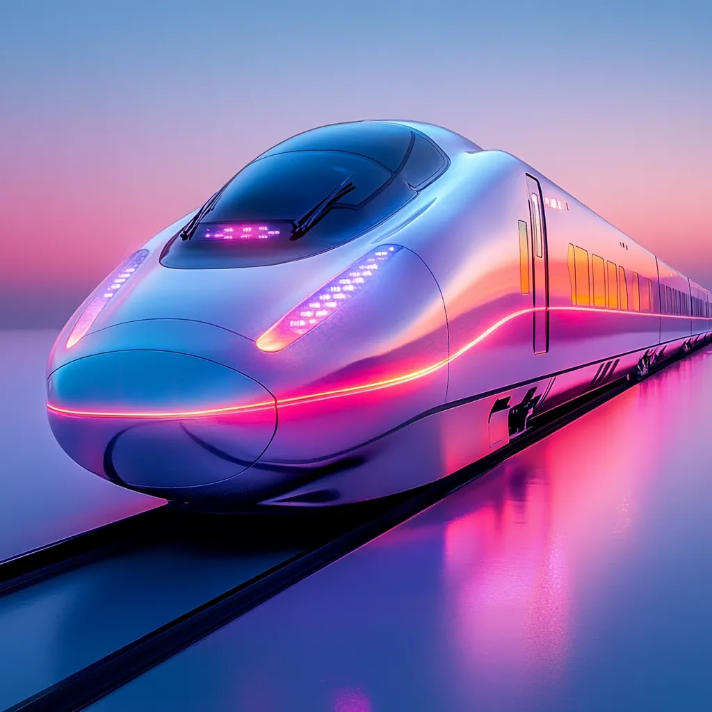 Here's a description of the image:

A sleek, futuristic high-speed train glides across a reflective surface at sunset.  The train is predominantly silver, accented with vibrant pink and purple neon lights outlining its aerodynamic nose and sides. The twilight sky casts a warm glow, reflecting onto the polished train and the surface beneath it.  The overall aesthetic is clean, modern, and suggestive of advanced technology and rapid transit.  The image emphasizes the train's speed and futuristic design.