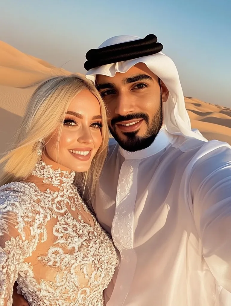 A blonde woman in a white, intricately lace-detailed dress stands close to a man wearing a white thobe and traditional Arab headdress.  They are smiling and appear to be a couple, taking a selfie against a backdrop of rolling sand dunes in a desert landscape. The warm, golden light suggests it's either sunrise or sunset.  The image conveys a sense of romance and adventure.