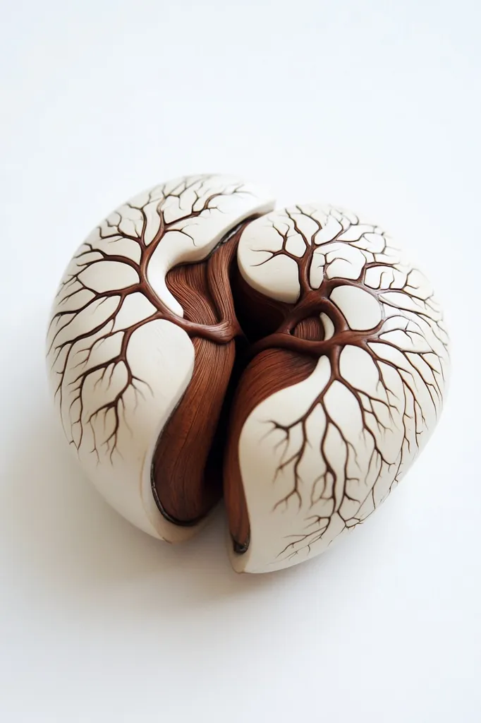 The image shows a meticulously crafted sculpture resembling two interconnected, organic forms.  The forms are primarily off-white, with a rich brown interior and intricate, branching, dark brown lines reminiscent of a vascular system or tree roots.  The piece is smooth and rounded, suggesting a natural, perhaps biological, inspiration. The contrast between the colors and textures creates a striking visual effect. The overall impression is one of delicate complexity and intriguing interconnectedness.