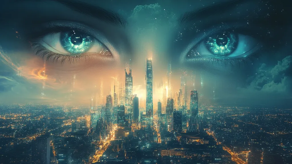 Here's a description of the image:

The image is a surreal digital artwork depicting a futuristic cityscape nestled within a pair of large, luminous teal eyes. The city, a blend of towering skyscrapers and sprawling urban development, glows with warm lights against a twilight sky. The eyes, occupying the majority of the frame, are incredibly detailed, almost otherworldly, with the city seemingly reflected or projected within their depths.  The overall mood is one of awe and mystery, suggesting a powerful connection between humanity and technology or a glimpse into a visionary future.