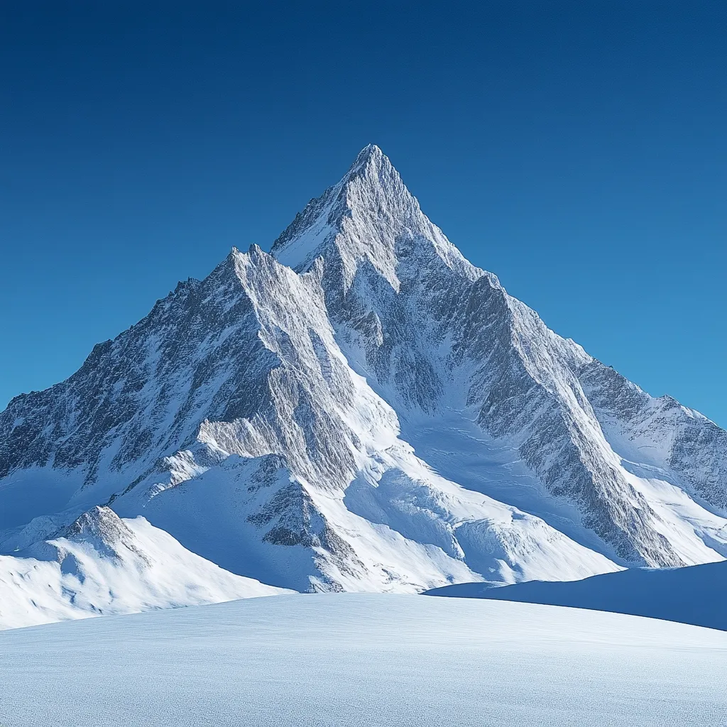 A majestic snow-capped mountain peak dominates the landscape under a clear, vibrant blue sky.  The mountain's sharp, jagged peaks and deep valleys are covered in pristine white snow, contrasting beautifully against the intense blue.  The foreground displays a vast expanse of smooth, snow-covered terrain, stretching to the base of the imposing mountain. The overall scene conveys a sense of serene grandeur and untouched natural beauty.