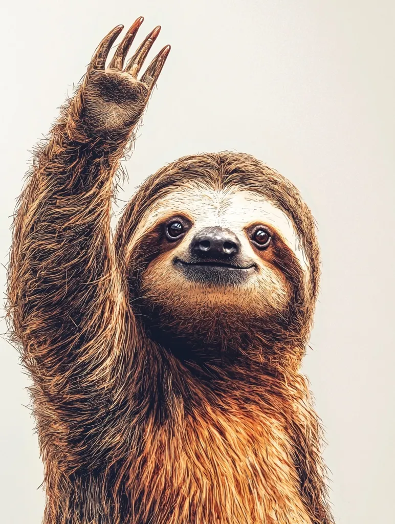 Here's a description of the image:

The image is a close-up of a three-toed sloth with its right arm raised in a wave. The sloth's fur is a rich, reddish-brown, appearing thick and soft. Its face is expressive, with dark eyes and a slightly open mouth suggesting a friendly demeanor. The background is a simple, off-white, which draws focus to the sloth. The overall style is digitally enhanced, giving a slightly artistic or stylized look to the fur and the animal's features. The sloth's pose and expression create a lighthearted and engaging image.