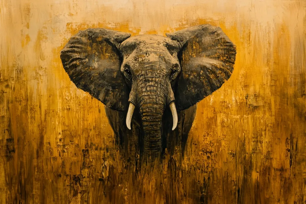 The painting depicts a majestic African elephant, rendered in a textured style against a rich, golden background. The elephant's powerful presence dominates the canvas, its large ears and tusks clearly visible. The artist uses a palette of dark grays and browns for the elephant, contrasting with the warm, earthy tones of the background, creating a sense of depth and atmosphere. The textured brushstrokes add to the painting's raw and powerful aesthetic, suggesting the elephant's strength and the wildness of its habitat. The overall effect is a striking and evocative image of this iconic animal.