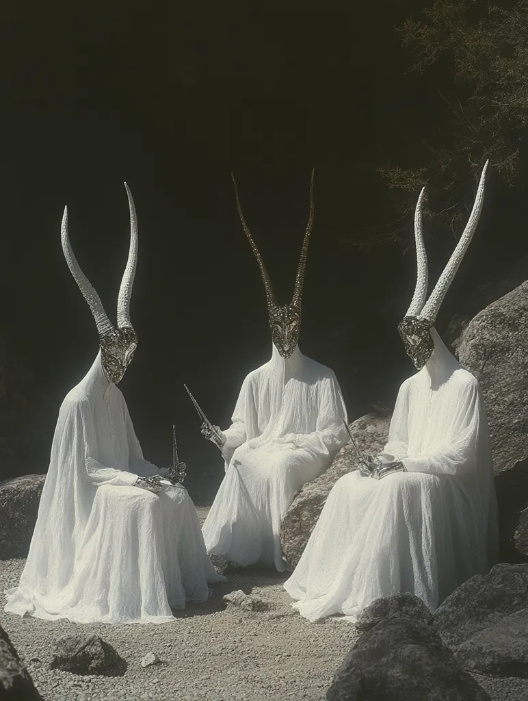 Three figures, cloaked in flowing white robes, sit amidst rocks in a dimly lit, natural setting. Each wears a striking headdress featuring long, elegant horns, adorned with dark, intricate detailing.  Their attire suggests a ritualistic or ceremonial context. The overall mood is mystical and evocative, with a balance between ethereal beauty and subtle darkness. The image's monochrome palette enhances its mysterious atmosphere.