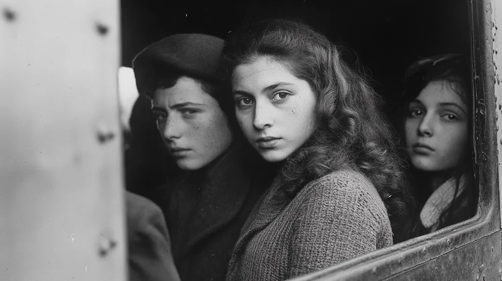 A black and white photograph captures three young people, seemingly refugees, peering from a train window.  The central figure is a girl with long, wavy hair, her expression serious and pensive. Flanking her are two others, a boy in a beret to her left and a girl to her right, both with solemn faces. The image evokes a sense of displacement and uncertainty, the train acting as a symbol of their journey. The stark contrast and grainy texture enhance the photograph's poignant mood. The partial view through the train door emphasizes their vulnerability and isolation.