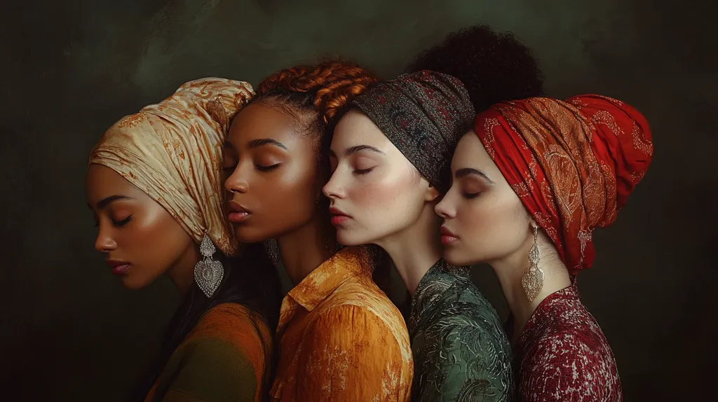 Here's a description of the image:

The photograph showcases four women of color, closely nestled together. Each woman wears a vibrant headscarf in a different rich color and pattern: beige, orange, green, and red.  Their eyes are closed, suggesting serenity and intimacy. They are adorned with elegant, dangling earrings. The dark, moody background enhances the vibrancy of their clothing and the warmth of their skin tones, creating a striking portrait that celebrates beauty and unity. The image evokes a sense of sisterhood and shared experience.