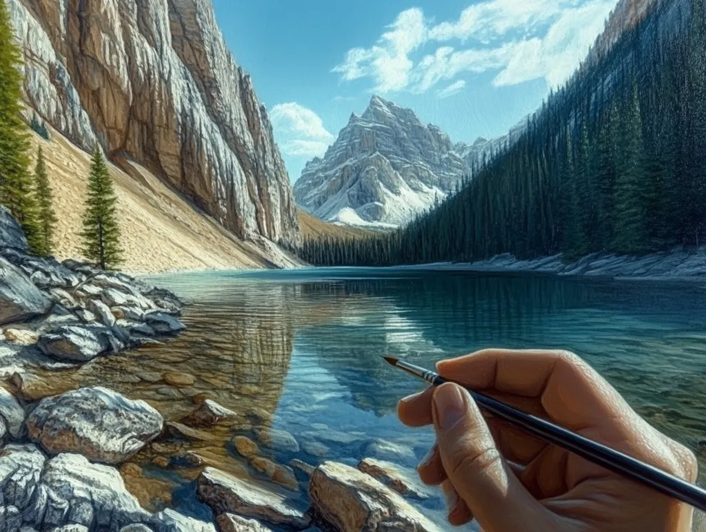 A hand holds a paintbrush poised over a serene mountain lake scene. The painting depicts a stunning landscape: crystal-clear water reflecting snow-capped mountains and a dense forest.  Rocky shores line the lake's edge, adding texture to the composition. The bright sunlight illuminates the scene, creating a vivid and breathtaking view. The artist's hand suggests the creation of this meticulously detailed artwork.