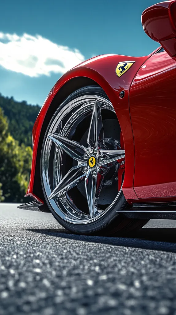 Here's a description of the image:

Close-up view of a red Ferrari's front wheel and fender. The car is parked on a dark asphalt road with a blurry background of green hills and a partly cloudy blue sky.  The wheel features a highly polished, chrome-like finish with a distinctive multi-spoke design. The Ferrari logo is visible on both the fender and the center cap of the wheel.  The image focuses on the detail and sheen of the car's paint and wheel, creating a sense of luxury and speed.