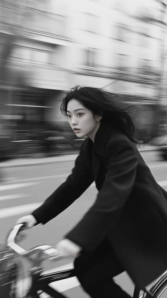 A black and white image shows a young woman with dark hair riding a bicycle.  The background is blurred, creating a motion effect that emphasizes the speed of the bike.  The woman is dressed in a dark, long-sleeved jacket, and her expression is serious and focused. The overall mood is stylish and dynamic. The photograph's monochrome palette adds to its sleek, modern aesthetic.