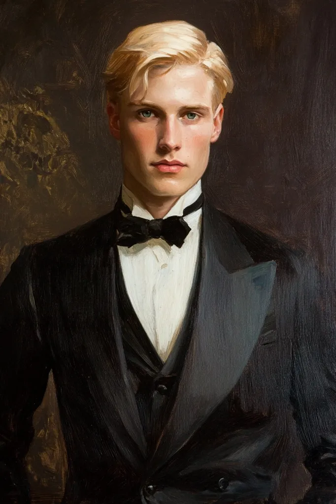 Here's a description of the image:

The painting is a portrait of a young man, possibly in his late teens or early twenties. He possesses fair skin and blond hair, styled neatly. His expression is serious and composed. He's dressed in formal attire: a dark suit, crisp white waistcoat and shirt, and a black bow tie. The style suggests a period piece, possibly early to mid-20th century. The background is a dark, moody brown with hints of gold, focusing attention on the subject.  The brushstrokes are visible, adding texture and depth to the portrait. The overall effect is one of elegance and quiet intensity.