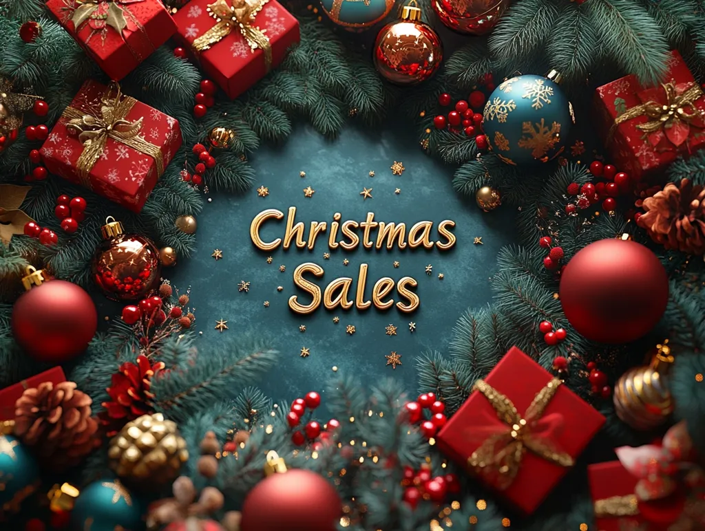 Here's a description of the image:

A festive Christmas sales advertisement features a teal background encircled by lush green fir branches adorned with red and gold ornaments, berries, and pine cones.  Several red gift boxes with gold ribbon are interspersed amongst the decorations.  The words "Christmas Sales" are displayed prominently in gold script lettering at the center. The overall aesthetic is rich, luxurious, and evokes the spirit of the holiday shopping season.