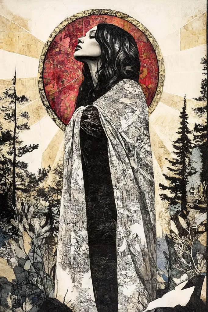 The artwork depicts a woman with long dark hair, her head tilted back, enveloped in a flowing, patterned cloak.  She stands against a backdrop of stylized trees and a large, circular, red and gold sunburst. The style is mixed media, incorporating collage elements and textured paint, creating a dreamlike, almost ethereal atmosphere.  The color palette is muted, with blacks, whites, greys, and deep reds dominating. The overall effect is one of serene contemplation and spiritual connection with nature.