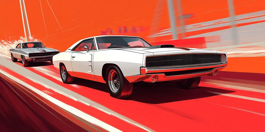 Here's a description of the image:

The illustration depicts two classic Dodge Chargers in a high-speed race. A white Charger dominates the foreground, its sleek lines and powerful stance emphasized by motion blur.  A light gray Charger trails closely behind, suggesting intense competition. The vibrant red and orange background, with streaks of motion blur, enhances the dynamism of the scene, creating a sense of speed and energy. The overall style is stylized, with sharp lines and bold colors reminiscent of graphic art or a movie poster.